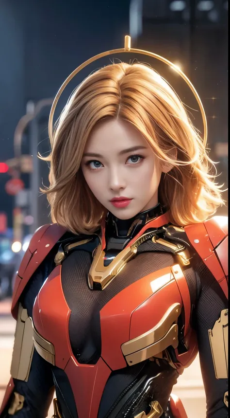 (1 Mechanical Girl)、top-quality、​masterpiece、超A high resolution、(Photorealsitic:1.4)、Raw photo、女の子1人、Golden hair、glowy skin、(((1 Mechanical Girl)))、（LED Lamp Mechanical Helmet）、(Small LED)、((super realistic details))、portlate、globalillumination、Shadow、octa...