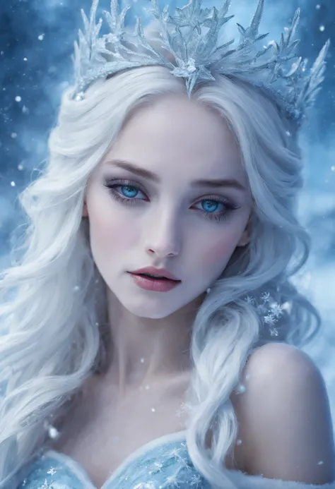 Snow Queen,Ice Palace,magical snow scene,frozen winter wonderland,Sparkling snowflakes,an enchanted forest,Gleaming snow-covered trees,EtherealBeauty,cold and quiet,Elegant and powerful,Icy breathing,Stunning elegance,frosty branches,Majestic ice sculpture...