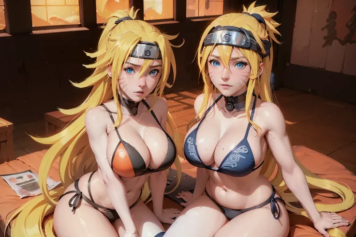 generate 5Narutoes all with yellow hair from naruto anime, best quality, masterpiece,so manygirl, smile, raytracing, ultra detailed, 8k wallpaper, wide hips, tsundere face, large breast, ninja headband. (long hair:1.1),yellow hair, ((blue eyes)), looking a...