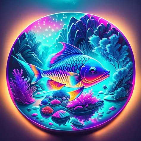 An incredible fish, an incredible fish scene in a lagoon, oil art/digital/neon light, tema (brilho), cores vermelho/magenta/azul, bioluminescence at night. surreal, intrincado/intrincada, SDLX/studio, alta qualidade, highes definition, alto detalhe, alta r...