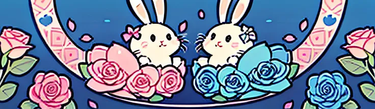 without humans,without humans,tmasterpiece,Best quality at best,(clear itinerary)，flat form style,(blue,Pink theme:1.2),rosette,petals,beatiful background,Symmetrical, patterned,blossoms,the bow,Bow knot,Cute cute little bunny