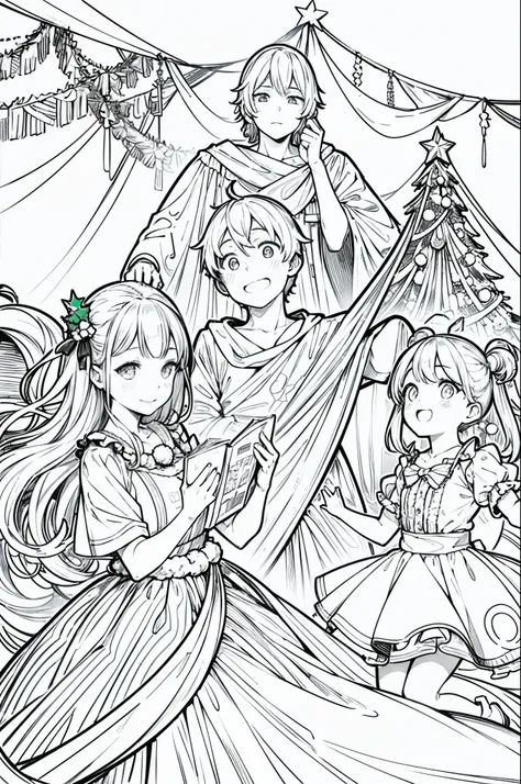 Christmas party, line art, no text, rule of thirds, harmony, fun, sketch, family fun