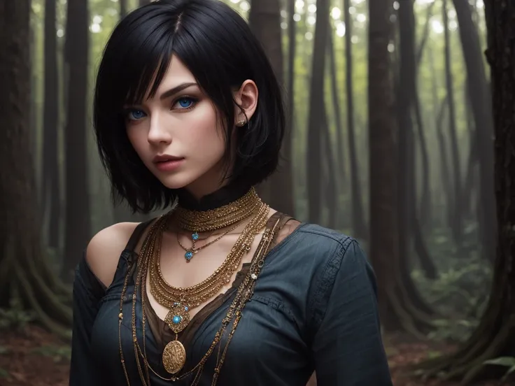 Forest with with short black hair, blue eyes, and a lot of jewelery