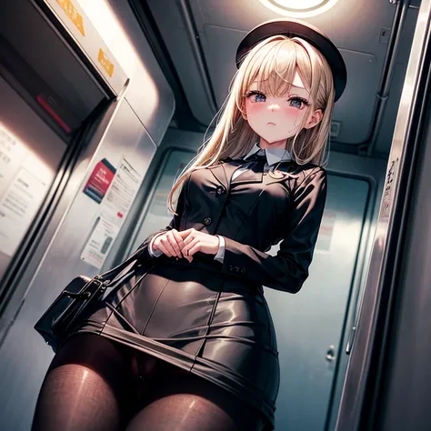 black suits、Black tight skirt、Blonde shorthair、Black pantyhose、Slender eyes、Teary-eyed、red blush、Beautiful fingertips、On the train、Standing、Shot from below,pussy juice,Wet、Attaché Case