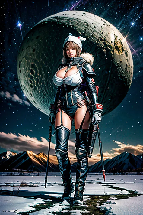 female Adventurer, photogenic pose, snowy night field, full body shot, giga-busty --ar 2:3