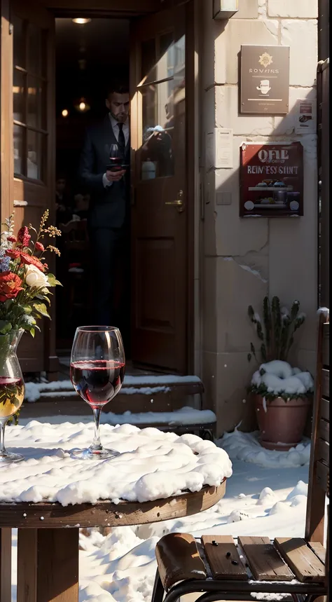 Close-up of the scene，scene capture，tmasterpiece，Corner cafe entrance，Several tables，A few chairs，(( a wine glass on the table ))，claret，coffee mug，In the daytime，Street side，Winter sun，Winters，There is snow，Snowman on the roadside，c4d，Empty product displa...