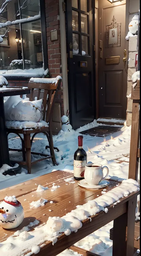 Close-up of the scene，scene capture，tmasterpiece，Corner cafe entrance，Several tables，A few chairs，(( a wine glass on the table ))，claret，coffee mug，In the daytime，Street side，Winter sun，Winters，There is snow，Snowman on the roadside，c4d，Empty product displa...