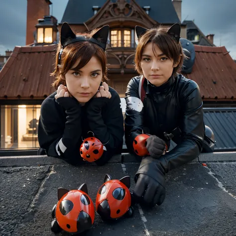 Cat noir and ladybug together to protect on top of a house in paris doing an action pose (but ladybug is a boy)