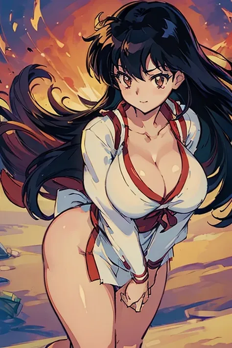 (best quality,ultra-detailed,realistic:1.37) Kagome Higurashi, mai shiranui from the king of fighters, beautiful detailed eyes,beautiful detailed lips,smiling with happiness, 25yo, Japanese mature female, wearing a green short kimono, matured face, blushin...