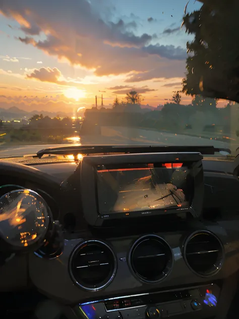 Sunset viewpoint from driving a car