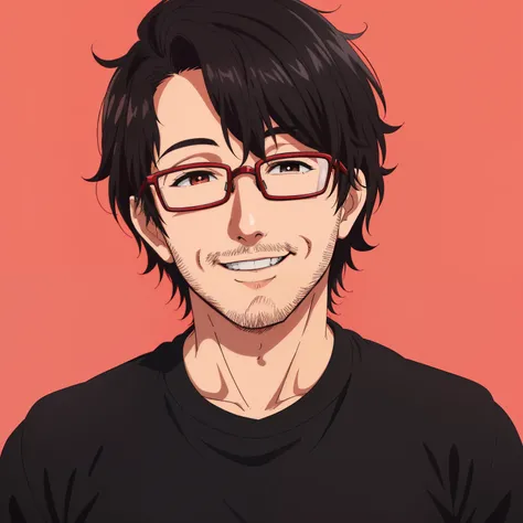 ((close up)) of Markiplier wearing a black sweater, smile, red and black hair,perfect teeth, glasses