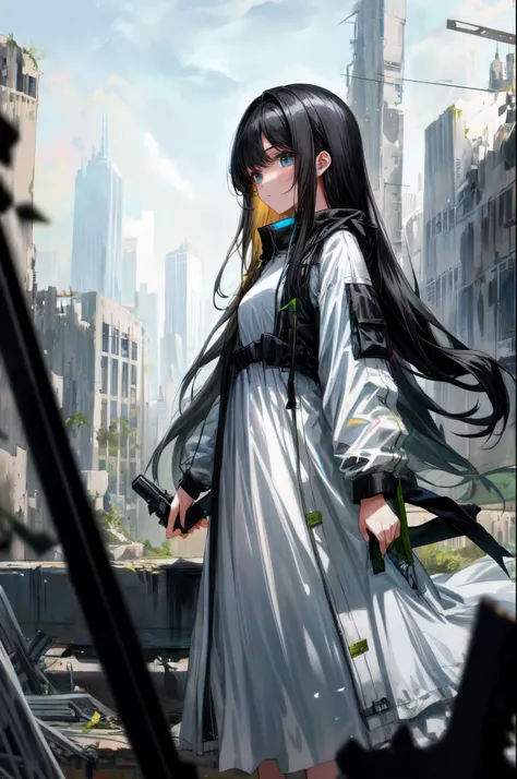 A girl，Long black hair，Among the ruins of the city，tech wear, White dress, add_detail:1