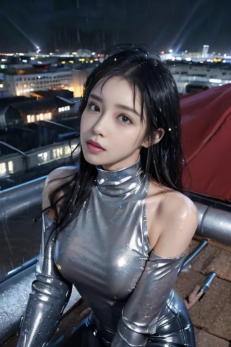 (((1人の女性: 2))), {Beautiful girl in chrome-plated silver metallic latex mini dress:1.5}, (Turtleneck off-shoulder latex minidress:1.5), ((Rooftop of a city building with a beautiful night view:1.8)), (Cute girl at 18 years old), ((1screen)), 8K, 16 K, RAW s...