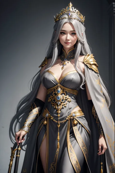 8K,gray long hair,Close-up of a woman in black and gold costume holding a pole, a beautiful fantasy empress, ((a beautiful fantasy empress)), small breasted gray haired goddess. extremely high detail, goddes, extremely detailed goddess shot, ig model | Art...