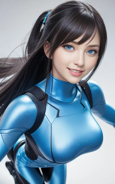 blue eyes, stunning proportions, smile, zero suit, photorealistic, intricate details