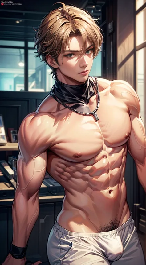 (masterpiece best quality 8k ultra-detailed:1.5) ultra realistic, solo standing male, muscular handsome (((perfect face,perfect eyes))) (topless) (short hair), anime style, illustration, (underwear, big bulge), realistic shade, sharp, detailed beautiful fa...