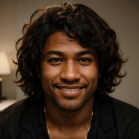 Realistic black man with fluffy hair smiling with brown eyes