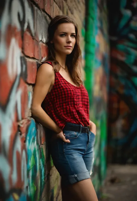 Rachel is leaning against a graffiti-covered wall, striking a dramatic pose with a rebellious smirk,Life is Strange,Rachel is a teenage girl with straight light brown hair, green eyes, cat-eye eyeliner, wears a red flannel and a blue feather earring, femal...