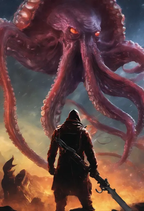 Giant octopus monster，Cthulhu in the Cthulhu Mythos，University teacher&#39;Looking directly at，extremely dangerous，The huge body is shocking，spread throughout the sky，The horror of despair，The atmosphere is oppressive，The scene is very spectacular，Hero hol...