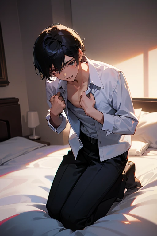 1 Boy, dark hair, short hair, white shirt, black slacks, on sheets, kneeling, seiza, (bare ones shirt:1.0), (open clothes:1.5）, cool, (sexy:1.3), Fascinating, evil smile,(parted lips), pale skin,(background: on bed in bedroom), (Facing forward.:1.0),(Looki...