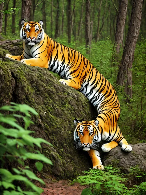 The tiger lies on the edge of the forest