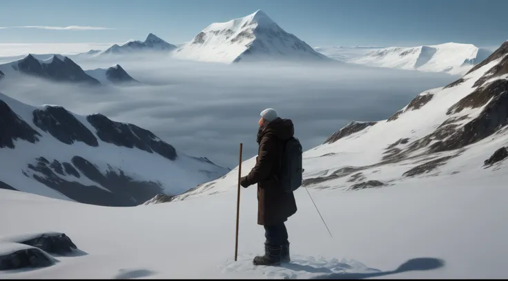 Antarctica full of fog and snow and a man seen from afar with a stick that at the top has a glow of heat