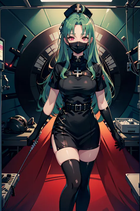 black nurse, 1woman, solo, black nurse cap, black wear, ((black legwear, zettai ryouiki)), black elbow gloves, forehead, long hair, green hair, pink eyes, ((black surgical mask, covered nose)), standing, ((surgery room)), sharp outline, short sleeves, matu...