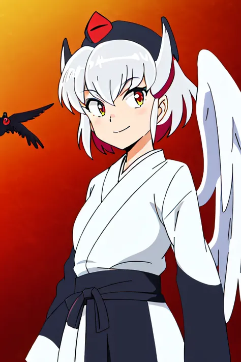 KURAMA,1GIRL, KARASUTENGU,CROW,TENGU,NO HUMANS,HAT,TOKIN HAT,RED HEADWEAR,WHITE HAIR,JAPANESE CLOTHES,LONG SLEEVES,WINGS,BLACK WINGS,BIRD WINGS,GETA,TENGU-GETA, 1girl, solo, facing viewer, looking at viewer, upper body, smile.