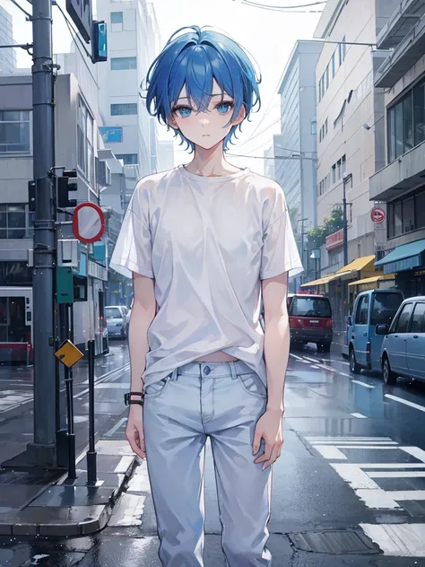 1boy,short blue hair,blue eyes,wearing plain white shirt,denim pants,raining city,absurdes,high res,8k,masterpiece,looking at  viewer