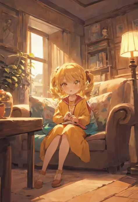 Anna animation illustration, a childish little girl, Sitting on the comfortable sofa with my parents. Anna wears headphones and holds an archeology book, while her parents were engrossed in watching television. The scene is filled with bright colors and a ...