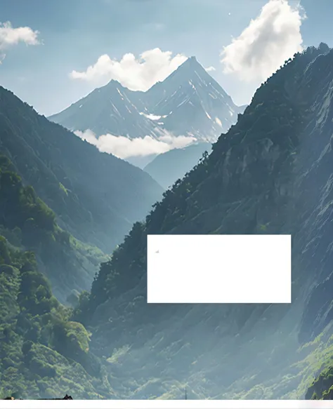 There is a white rectangular mountain in the middle, mountainous background, mountain range in background, 3D parallax view effect, Mountains on the background, mountain background, zoomed out to show entire image, Mountain environment, mountainous terrain...