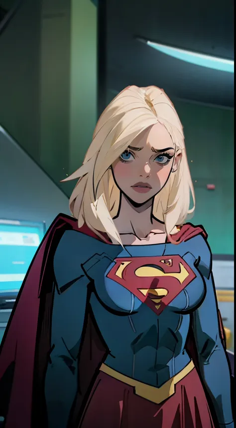 estilo anime
mulher adulta nova, 22 anos, blonde hair, ela tem um corpo magro, cabelo grande e cacheado, rostos com algumas sardas, olhos verdes, brincos nos ouvidos, colar discreto com pingente, superman character costume, red cape, heroic pose