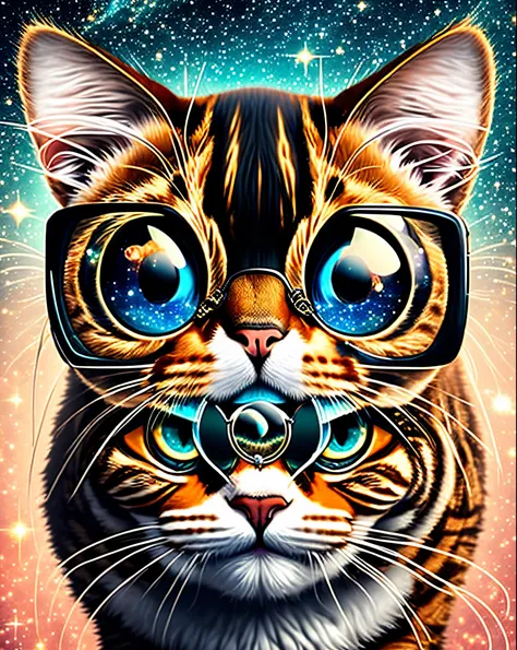 Crie a imagem de gato com oculos e um leve sorriso no fundo da galaxia