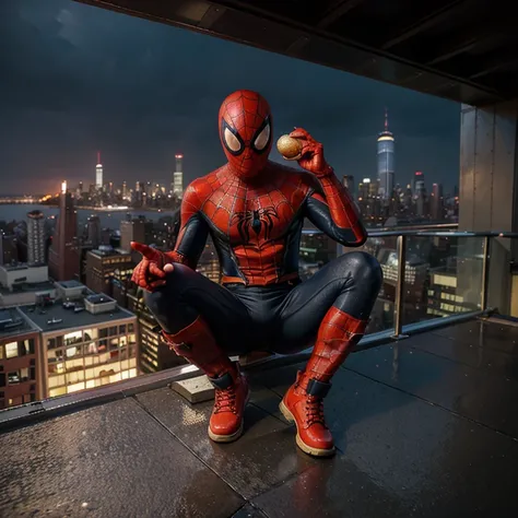 Extreme detail, spider-man, timberland boots, holding a bacon egg and cheese bagel, over looking New York City, roof top view, dawn, light rain. Vibrant lighting