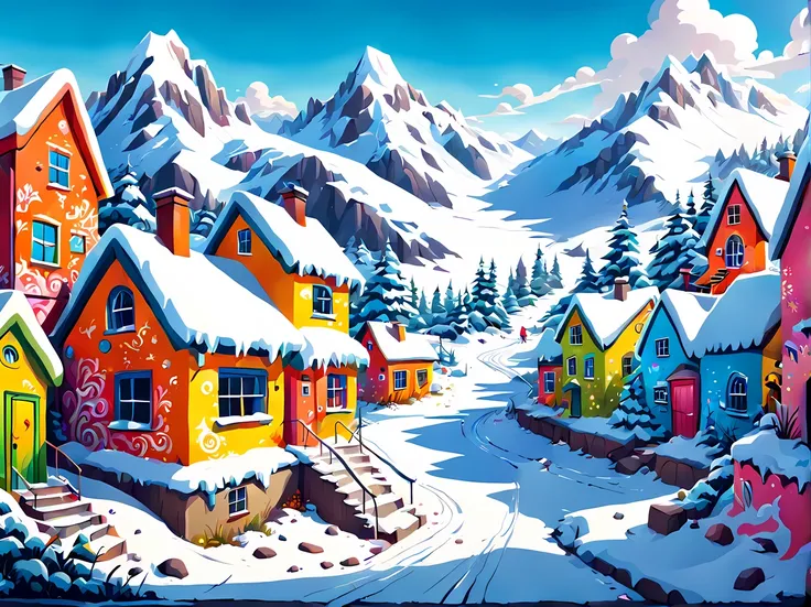 Cute Cartoon, CuteCartoonAF, (cute cartoon style:1.3), vivid and imaginative graffiti mural depicting the juxtaposition of snow in the midst of a vibrant summer landscape, the beauty of the contrasting elements, bold colors, intricate patterns, surreal ima...