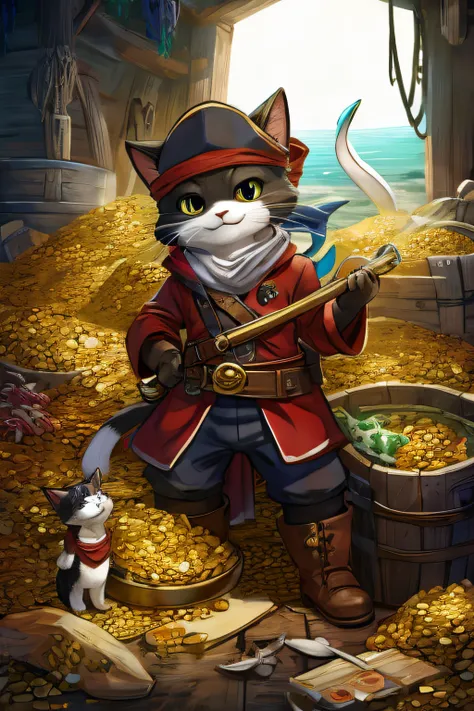 gato pirata com tesouro e lula