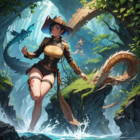 Female steampunk, female firefighter, water , Full body, Running forward, Running with a Water Serpent, wood, a Greathammer, underwater background, roots growing around, water backpack, Dark skin, tribal tattoos, waterfalls, forest, River, magic swirling a...