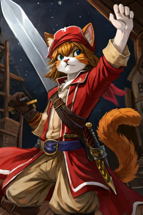 three pirate cats hands up with sword