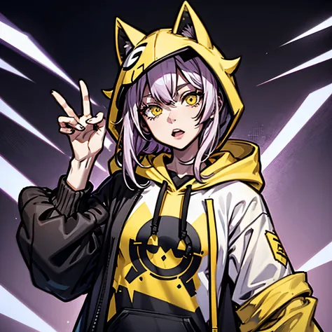 1girl,pale violet hair,yellow eyes,black hoodie