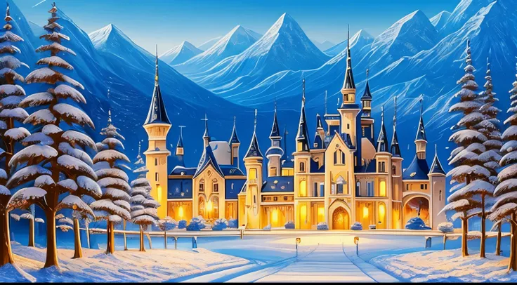 best quality, masterpiece, the painting of a castle in the winter, in the style of dreamlike illustration, light gold and dark blue, detailed character design, glittery and shiny, mixes realistic and fantastical elements, vibrant stage backdrops, whimsical...