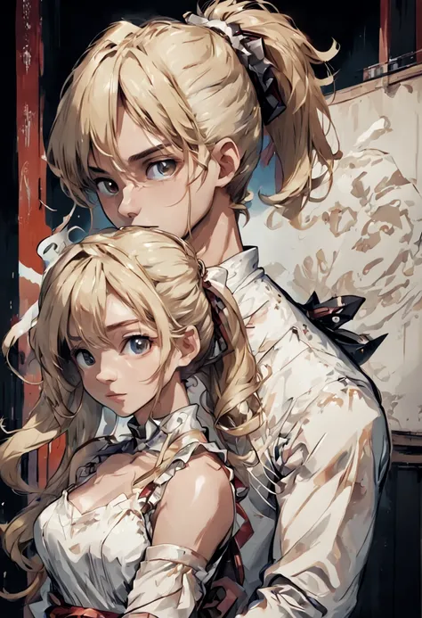 Beautiful young man with blond hair,Two-dimensional beautiful girl with long hair tied in a ponytail,Wearing a white dress,Anime-inspired touch,illustratio,Portrait illustration facing the front