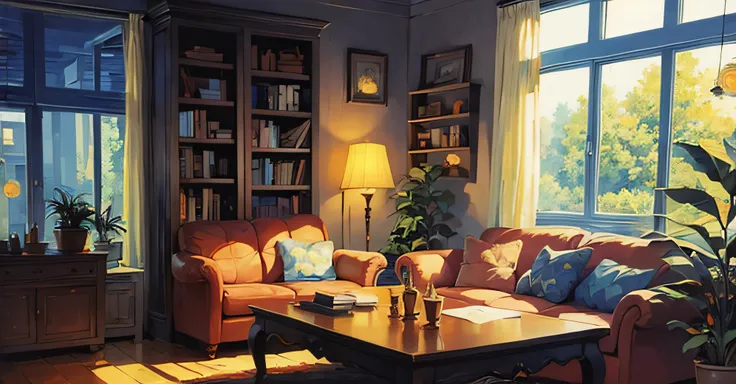 A cozy living room with a comfortable sofa and a large window, allowing dappled sunlight to filter in. A vibrant potted plant sits near the window, adding a touch of nature to the room. In the corner, there is a wooden table with a decorative cabinet and a...