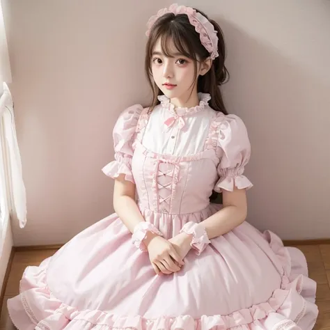 A woman wearing a pastel lolita dress,cute idol