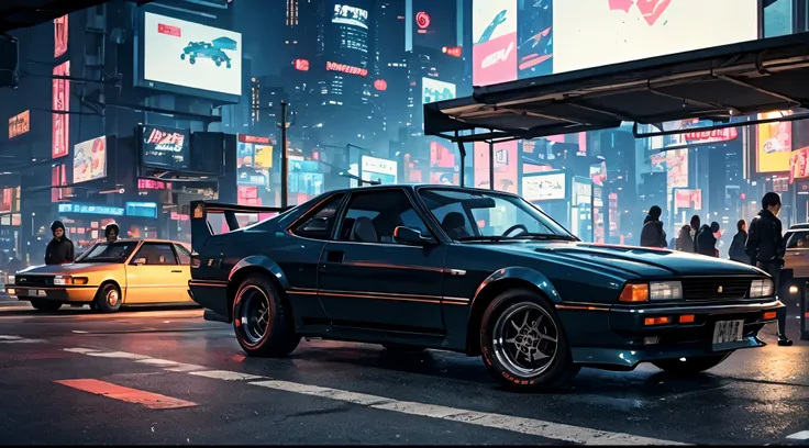 realistic, best quality, hyoon, vintage car, sedan, AE62, Trueno, in modern time, cyberpunk