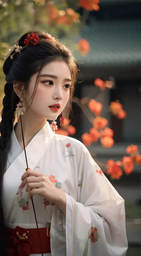 Wearing a white kimono、Alafid Asian woman with red flowers in her hair, 宮 ， A girl in Hanfu, white hanfu, Hanfu, chineseidol, Wearing ancient Chinese clothes, ChineseGirl, TRADITIONAL CHINESE COSTUMES, Chinese traditional, Traditional beauty, Matches ancie...