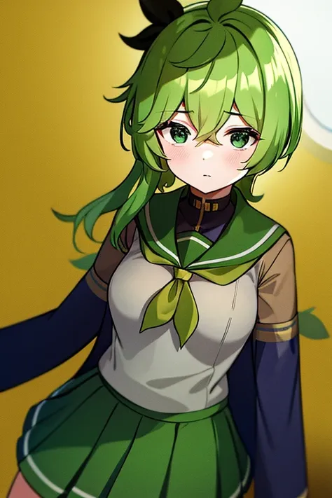 green hair, school uniform