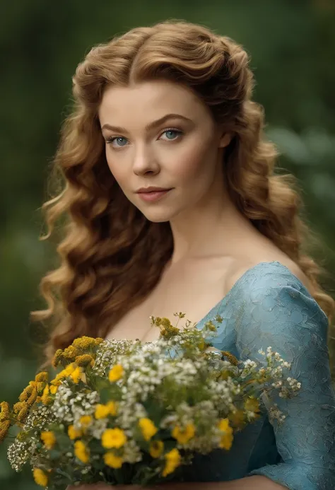 A meticulously arranged bouquet of wildflowers and herbs in a vintage silver vase,HBOs Game of Thrones,Margaery is pretty with curly auburn hair, a heart shaped face, green eyes, wears sky blue dresses with gold jewelry, famously portrayed by Natalie Dorme...