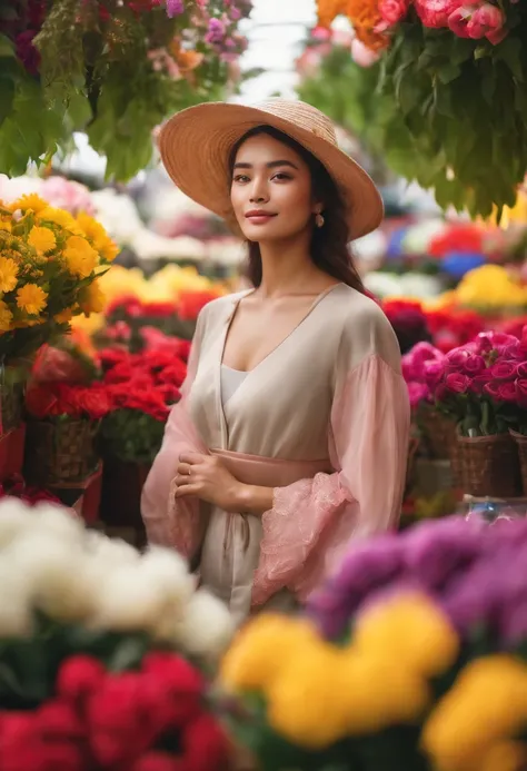 A photo of a colorful and vibrant flower market in full bloom.,original,Wearing beautiful clothes and having a nice body, female