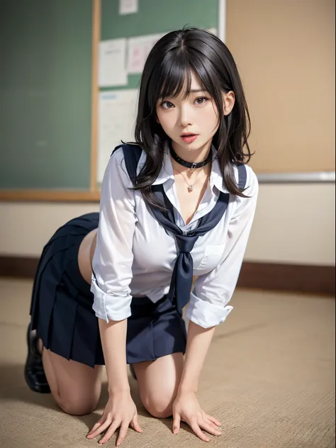 a japanese lady，beautuful women，beautiful mature woman，(female in her 30s)，(governess)，((school classrooms))，crawling on all fou...