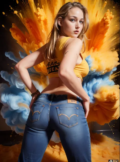 (((leelee sobieski, jaqueta jeans, camiseta branca, denim jeans pants, sexy, obra-prima, 4k,bigfaketits))), foto de cowboy de um...